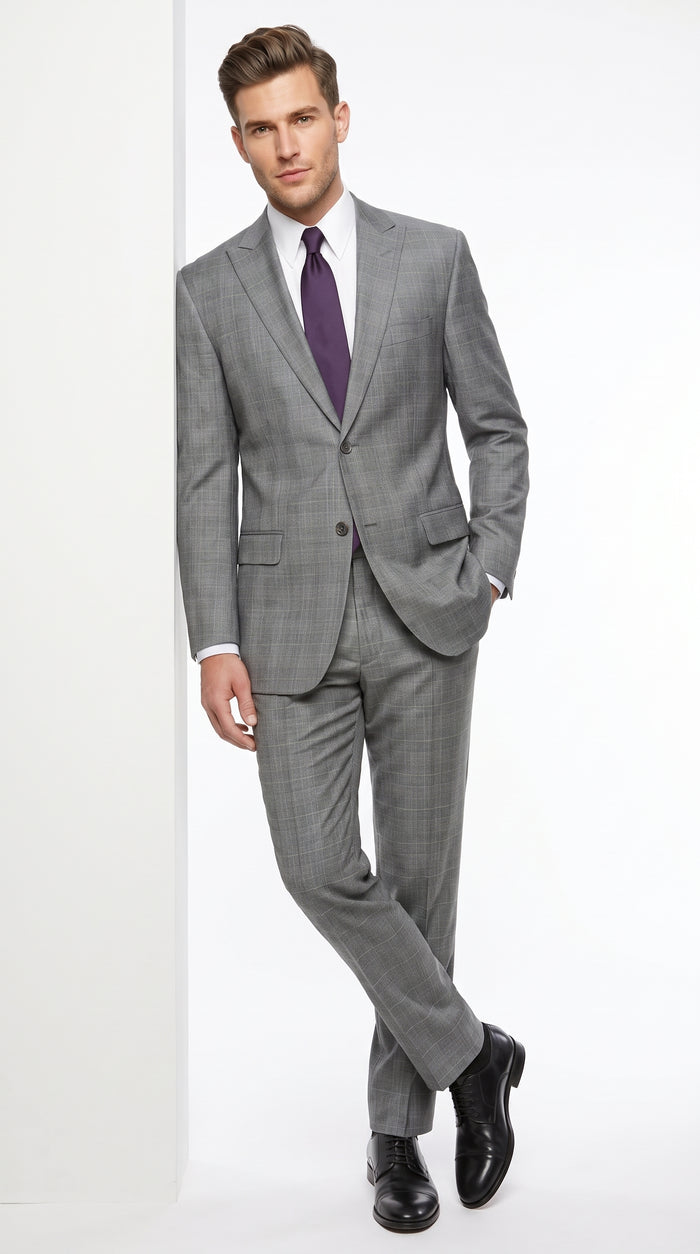Men’s Grey Plaid 2 Button Suit, Modern Fit Peak Lapel Formal Wedding Business Suit