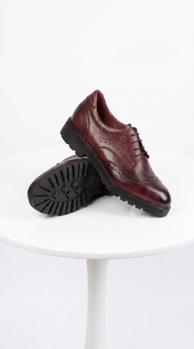 Lombardy Men’s Calfskin Wingtip Dress Shoes – Brogue Lace-Up Shoes with Lug Sole