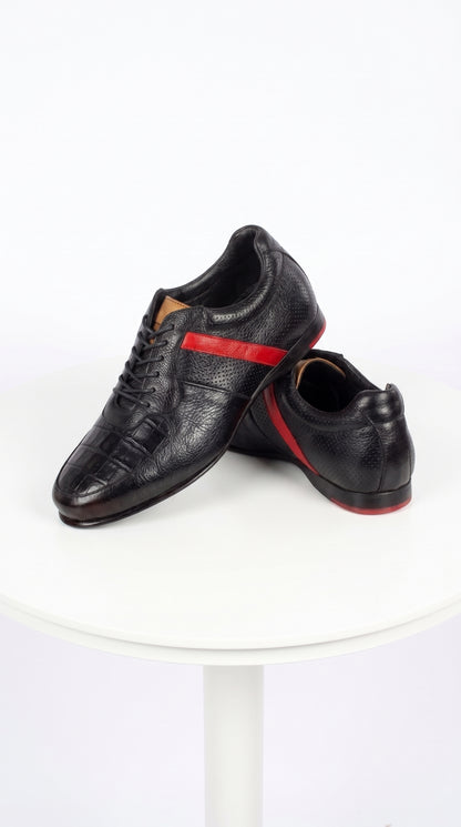 Lombardy Men’s Caiman Belly & Calfskin Sneakers – Black & Brown Exotic Leather Lace-Up Shoes
