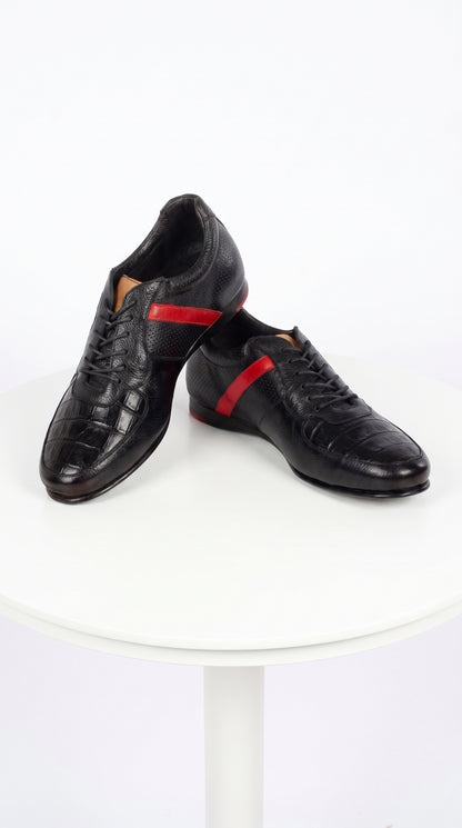 Lombardy Men’s Caiman Belly & Calfskin Sneakers – Black & Brown Exotic Leather Lace-Up Shoes