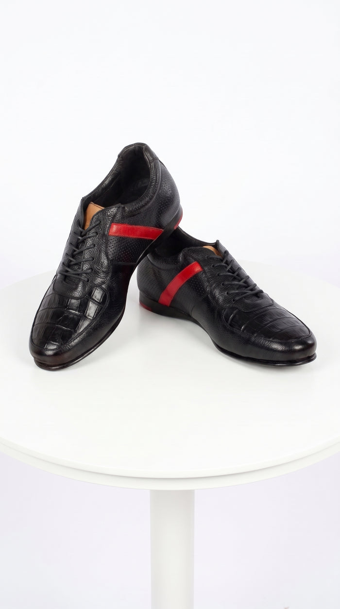 Lombardy Men’s Caiman Belly & Calfskin Sneakers – Black & Brown Exotic Leather Lace-Up Shoes