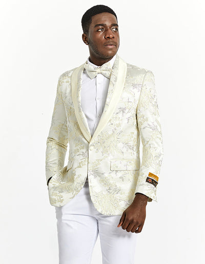 Mens Slim Fit Ivory & Gold Floral Prom Tuxedo Dinner Jacket 1 O8-6448  - from alligatorwarehouse.com