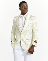 Mens Slim Fit Ivory & Gold Floral Prom Tuxedo Dinner Jacket