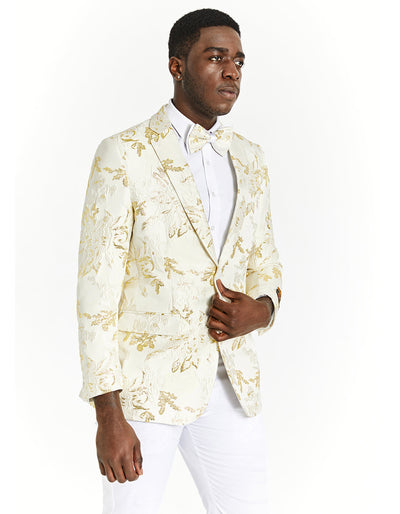 Mens Skinny Fit Ivory & Gold Floral Prom Tuxedo Blazer 1 XS-7173  - from alligatorwarehouse.com