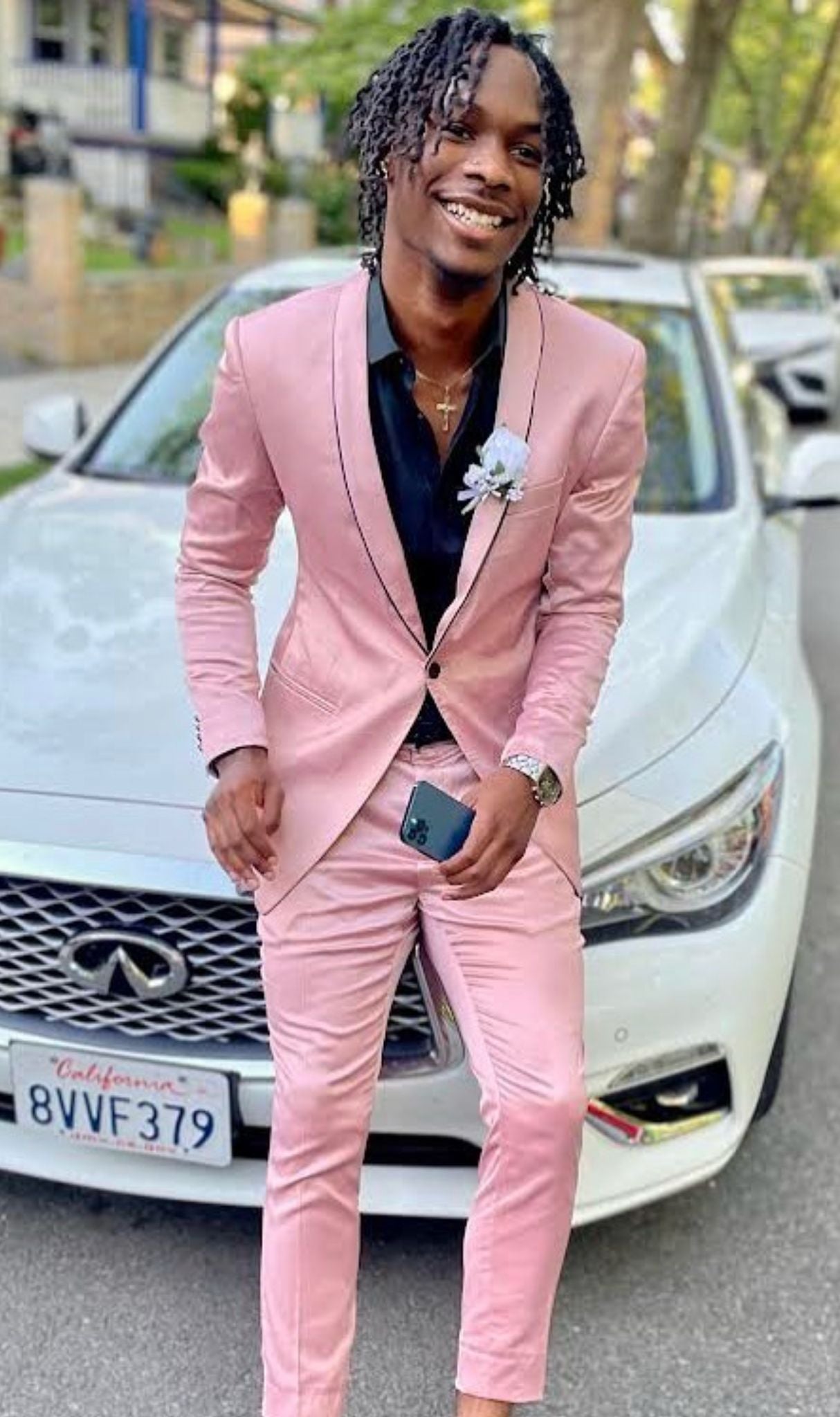 Mens Slim Fit Pink Tuxedo Suit with Black Trim – Modern Wedding and Prom Outfit in Rose Gold Blush Color 7   - from alligatorwarehouse.com