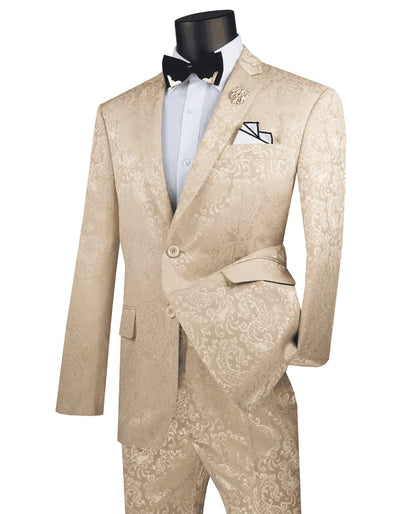 Mens 2 Button Slim Fit Paisley Prom Suit in Beige 1   - from alligatorwarehouse.com