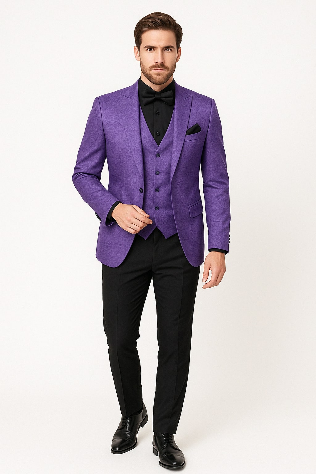 Menƒ??s Purple Paisley Tuxedo Suit ƒ?? 3 Piece Formal Set with Vest and Bow Tie