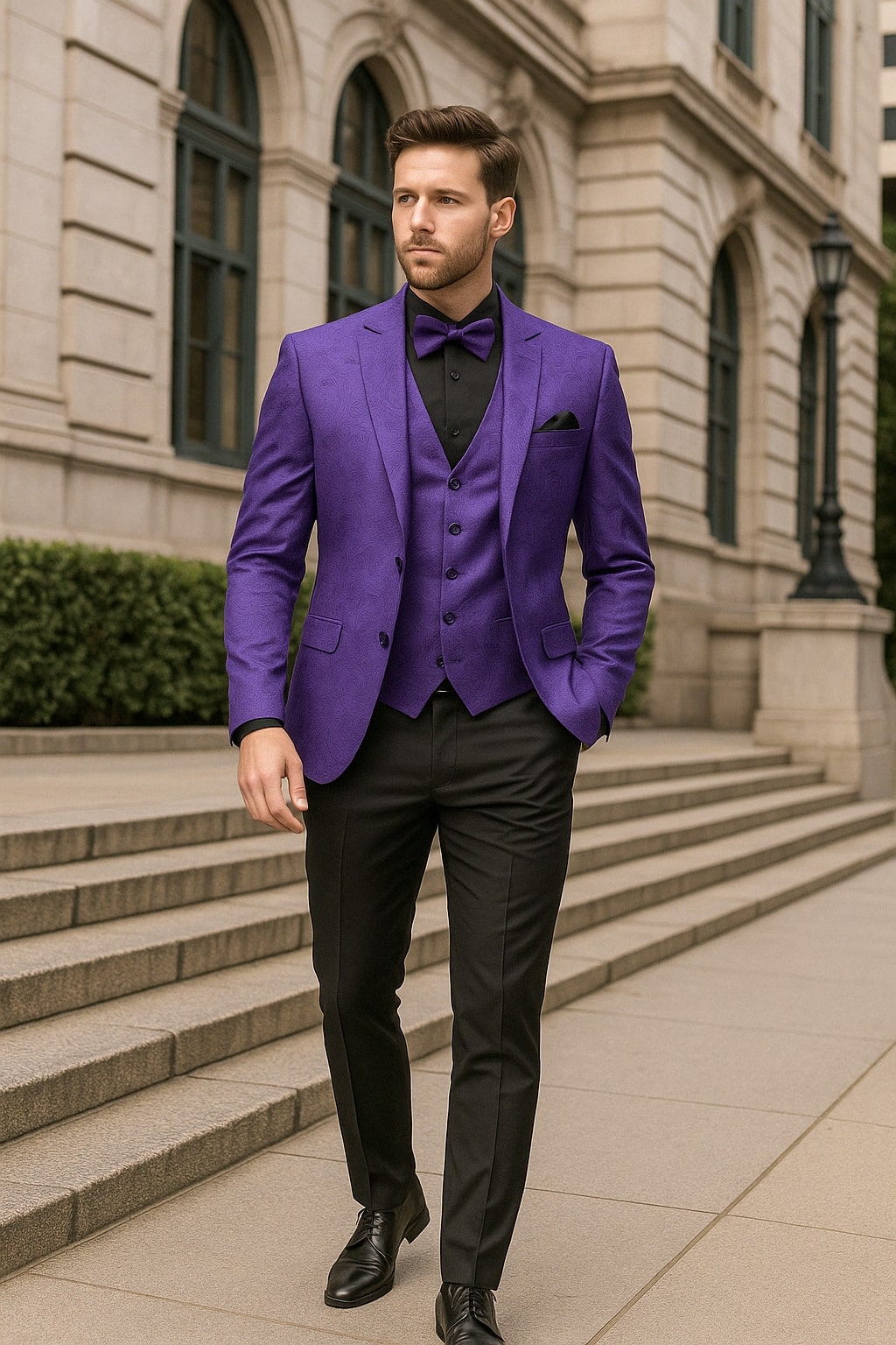 Menƒ??s Purple Paisley Tuxedo Suit ƒ?? 3 Piece Formal Set with Vest and Bow Tie
