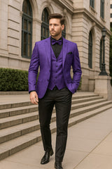Men’s Purple Paisley Tuxedo Suit – 3 Piece Formal Set with Vest and Bow Tie