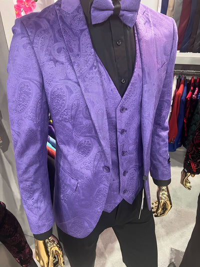 Menƒ??s Purple Paisley Tuxedo Suit ƒ?? 3 Piece Formal Set with Vest and Bow Tie 3   - from alligatorwarehouse.com