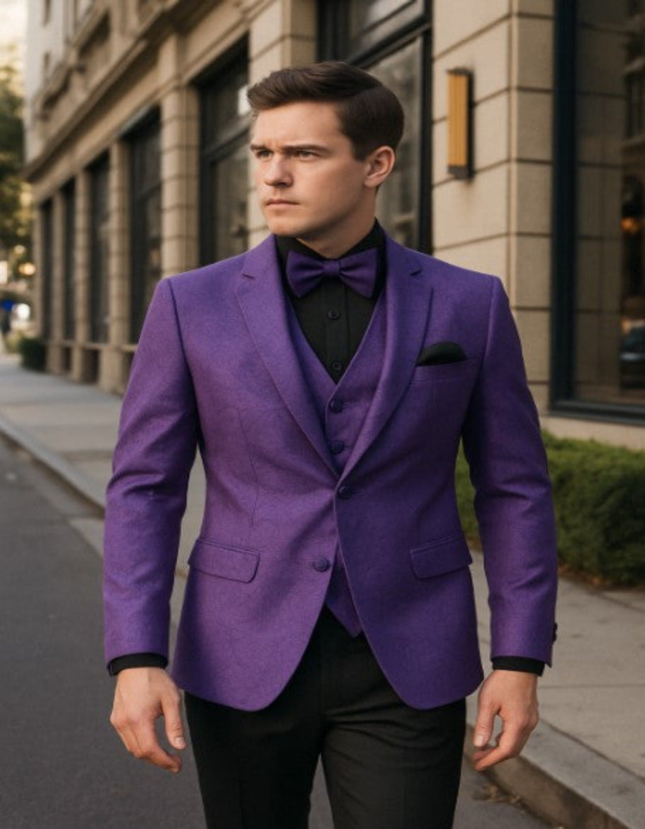 Mens Purple Paisley Tuxedo ƒ?? 3 Piece Suit with Bow Tie and Black Pants | Wedding & Prom Outfit - Slim Fitted