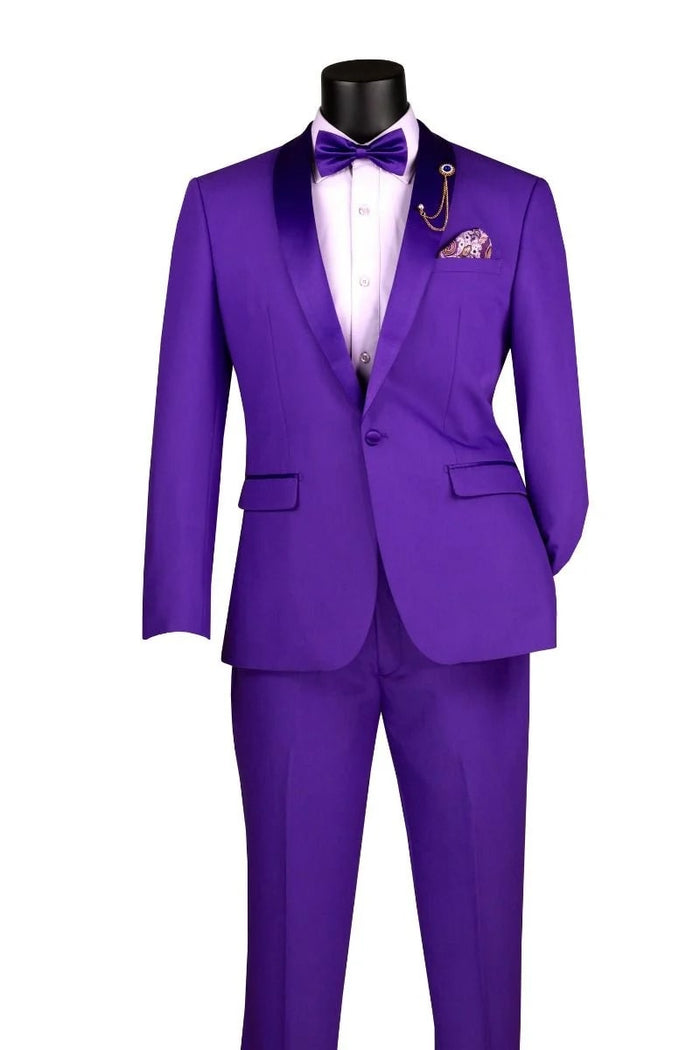 Purple Tuxedo Suit for Men ƒ?? Stylish Two-Piece Prom and Wedding Suit with Matching Satin Lapel