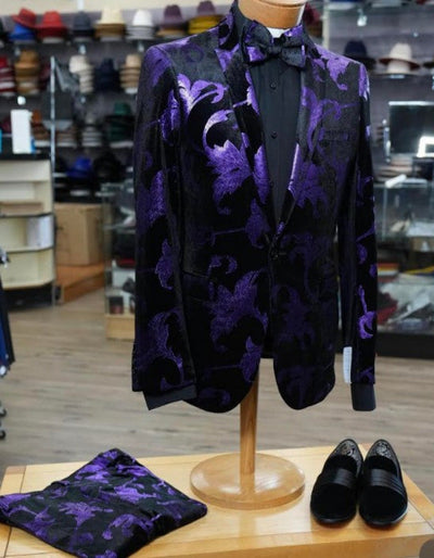 Mardi Gras Suit - Purple and Black Paisley Tuxedo Dinner Jacket + Matching Pants - Slim Fitted 1   - from alligatorwarehouse.com