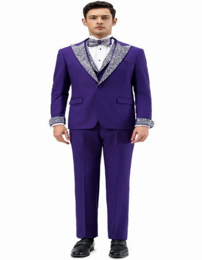 Purple and Silver Prom Tuxedo - Perfect Wedding Suit Vested rhinestone Lapelled