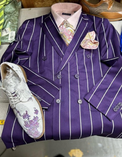 Mens Double Breasted Blazer Suit Jacket - Bold Pinstripe Sport Coat in Purple and White Pinstripe 1   - from alligatorwarehouse.com