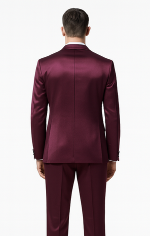 Tazzio Men's Purple Satin Double Breasted 3-Piece Skinny Fit Suit with Peak Lapel Vest & Matching Bowtie – Luxury Formalwear Ensemble