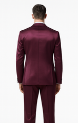 Tazzio Men's Purple Satin Double Breasted 3-Piece Skinny Fit Suit with Peak Lapel Vest & Matching Bowtie – Luxury Formalwear Ensemble