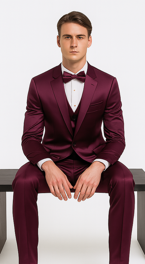 Tazzio Men's Purple Satin Double Breasted 3-Piece Skinny Fit Suit with Peak Lapel Vest & Matching Bowtie – Luxury Formalwear Ensemble