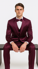 Tazzio Men's Purple Satin Double Breasted 3-Piece Skinny Fit Suit with Peak Lapel Vest & Matching Bowtie – Luxury Formalwear Ensemble