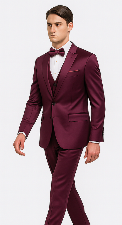 Tazzio Men's Purple Satin Double Breasted 3-Piece Skinny Fit Suit with Peak Lapel Vest & Matching Bowtie – Luxury Formalwear Ensemble