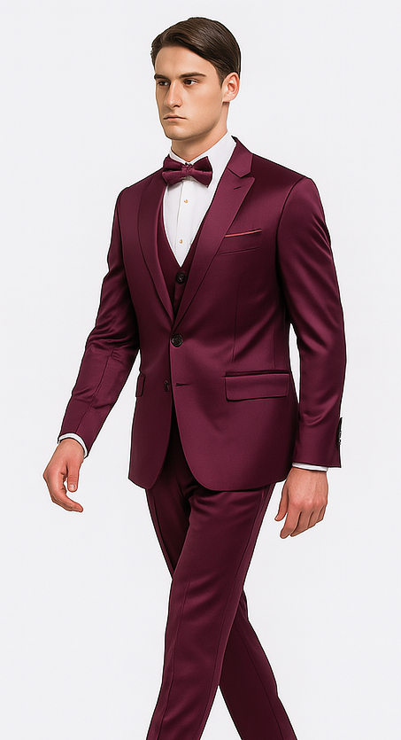 Tazzio Men's Purple Satin Double Breasted 3-Piece Skinny Fit Suit with Peak Lapel Vest & Matching Bowtie – Luxury Formalwear Ensemble