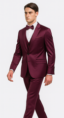 Tazzio Men's Purple Satin Double Breasted 3-Piece Skinny Fit Suit with Peak Lapel Vest & Matching Bowtie – Luxury Formalwear Ensemble