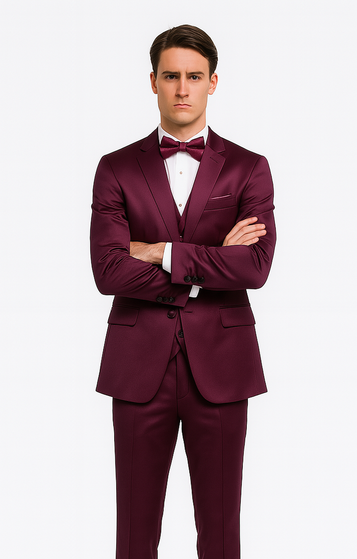 Tazzio Men's Purple Satin Double Breasted 3-Piece Skinny Fit Suit with Peak Lapel Vest & Matching Bowtie – Luxury Formalwear Ensemble
