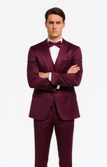 Tazzio Men's Purple Satin Double Breasted 3-Piece Skinny Fit Suit with Peak Lapel Vest & Matching Bowtie – Luxury Formalwear Ensemble
