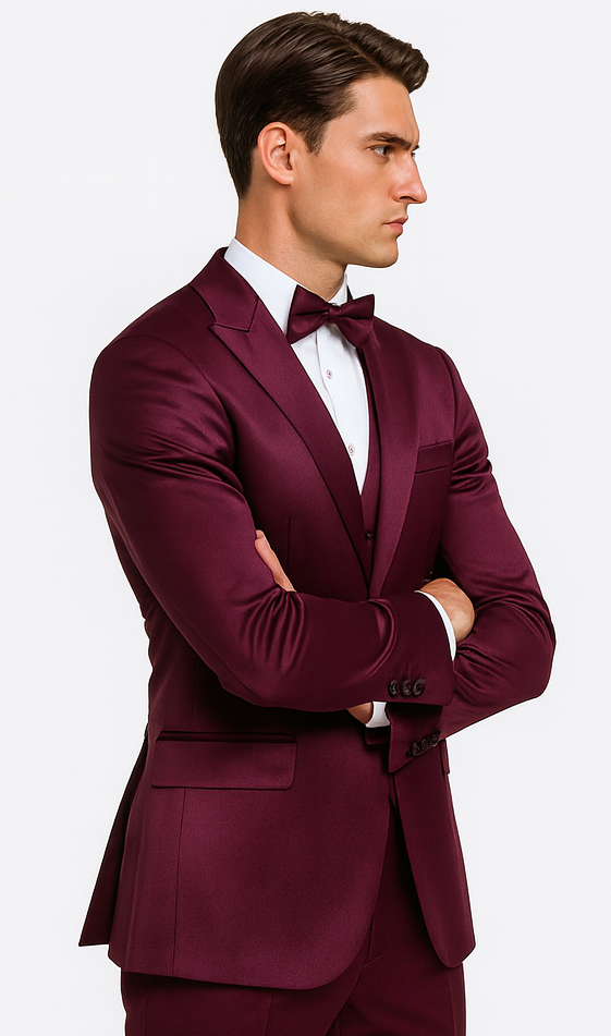 Tazzio Men's Purple Satin Double Breasted 3-Piece Skinny Fit Suit with Peak Lapel Vest & Matching Bowtie – Luxury Formalwear Ensemble