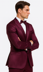 Tazzio Men's Purple Satin Double Breasted 3-Piece Skinny Fit Suit with Peak Lapel Vest & Matching Bowtie – Luxury Formalwear Ensemble