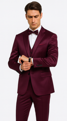 Tazzio Men's Purple Satin Double Breasted 3-Piece Skinny Fit Suit with Peak Lapel Vest & Matching Bowtie – Luxury Formalwear Ensemble