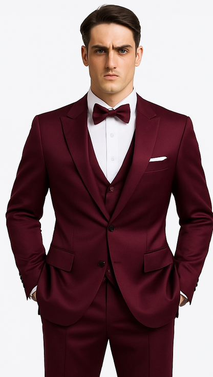 Tazzio Men's Purple Satin Double Breasted 3-Piece Skinny Fit Suit with Peak Lapel Vest & Matching Bowtie – Luxury Formalwear Ensemble