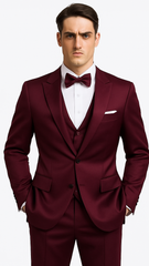 Tazzio Men's Purple Satin Double Breasted 3-Piece Skinny Fit Suit with Peak Lapel Vest & Matching Bowtie – Luxury Formalwear Ensemble