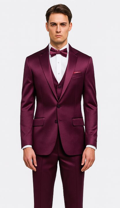 Tazzio Men's Purple Satin Double Breasted 3-Piece Skinny Fit Suit with Peak Lapel Vest & Matching Bowtie – Luxury Formalwear Ensemble