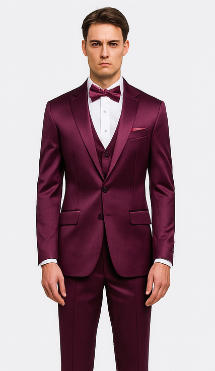 Tazzio Men's Purple Satin Double Breasted 3-Piece Skinny Fit Suit with Peak Lapel Vest & Matching Bowtie – Luxury Formalwear Ensemble