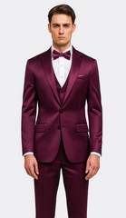 Tazzio Men's Purple Satin Double Breasted 3-Piece Skinny Fit Suit with Peak Lapel Vest & Matching Bowtie – Luxury Formalwear Ensemble