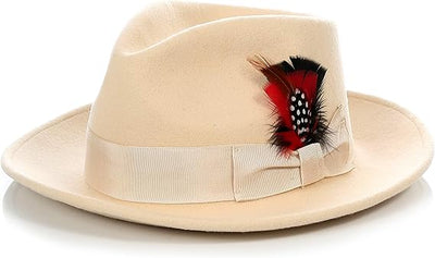 Gangster 100% Austrailian Wool Crushable Mens Fedora Hat - Removable Feather Gangster  Tan Mens Fedora Hat 1   - from alligatorwarehouse.com