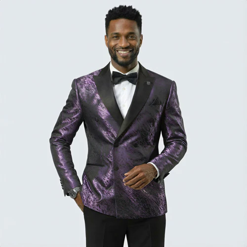 Men’s Designer Purple Jacquard Tuxedo Jacket with Black Satin Peak Lapel