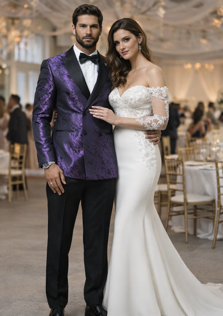 Men’s Designer Purple Jacquard Tuxedo Jacket with Black Satin Peak Lapel
