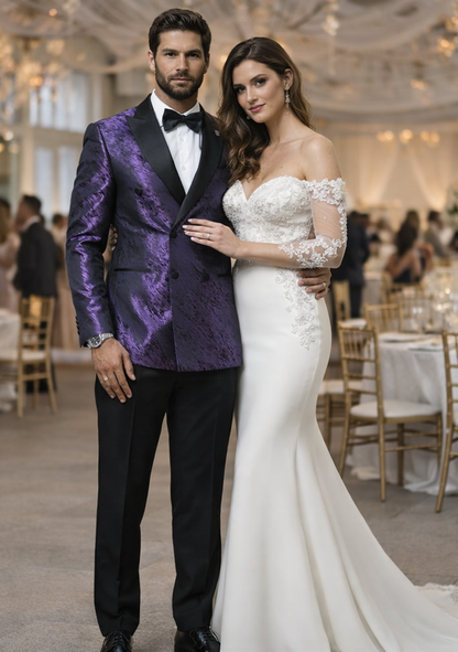 Men’s Designer Purple Jacquard Tuxedo Jacket with Black Satin Peak Lapel