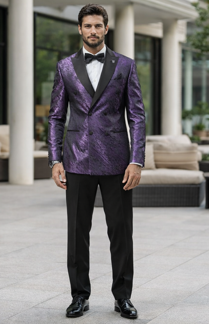Men’s Designer Purple Jacquard Tuxedo Jacket with Black Satin Peak Lapel