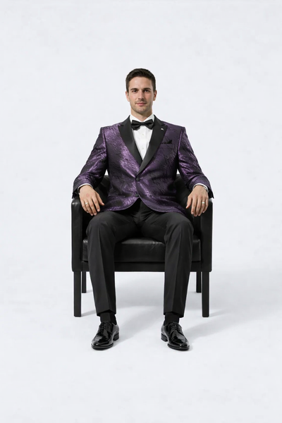 Men’s Designer Purple Jacquard Tuxedo Jacket with Black Satin Peak Lapel