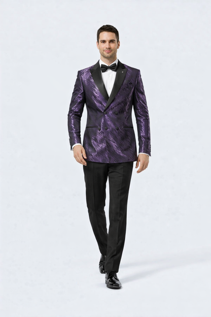 Men’s Designer Purple Jacquard Tuxedo Jacket with Black Satin Peak Lapel