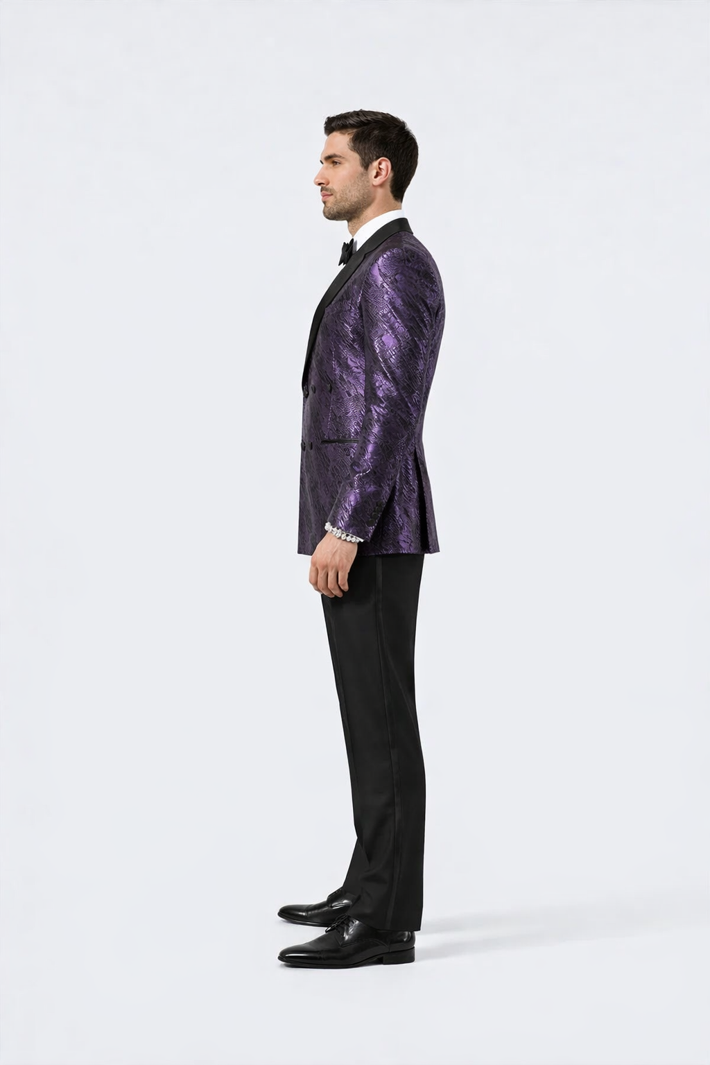 Men’s Designer Purple Jacquard Tuxedo Jacket with Black Satin Peak Lapel