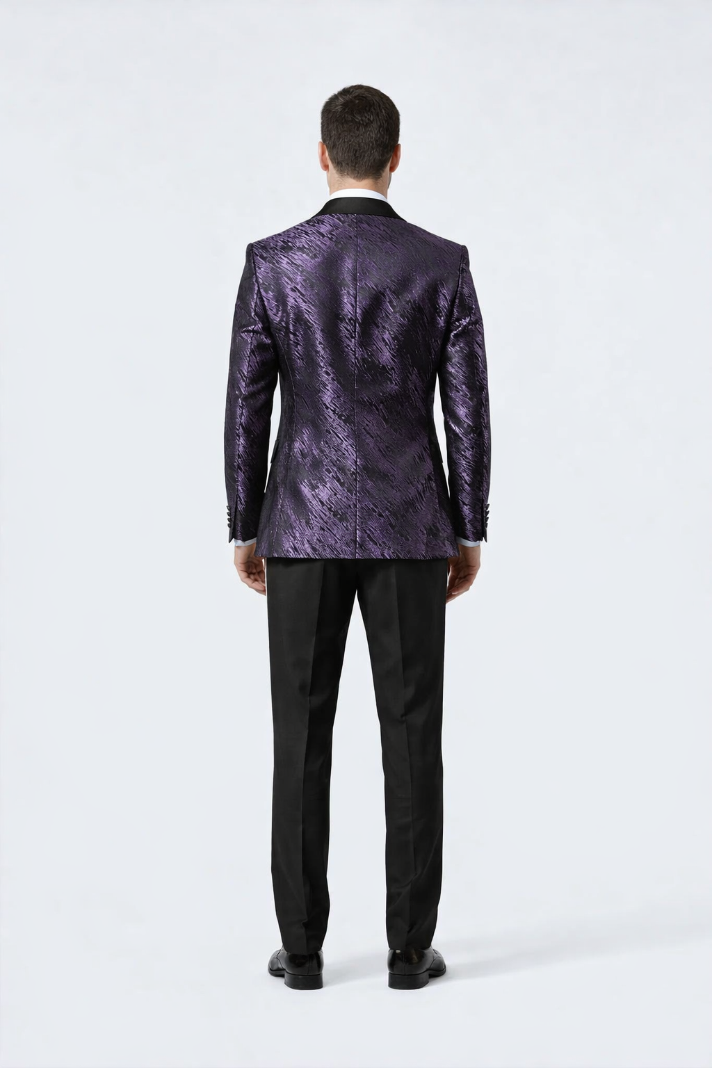 Men’s Designer Purple Jacquard Tuxedo Jacket with Black Satin Peak Lapel