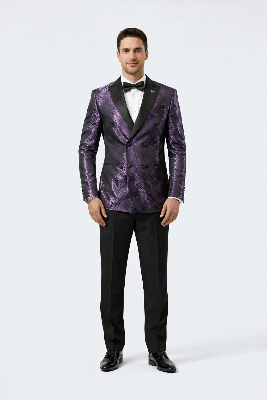 Men’s Designer Purple Jacquard Tuxedo Jacket with Black Satin Peak Lapel