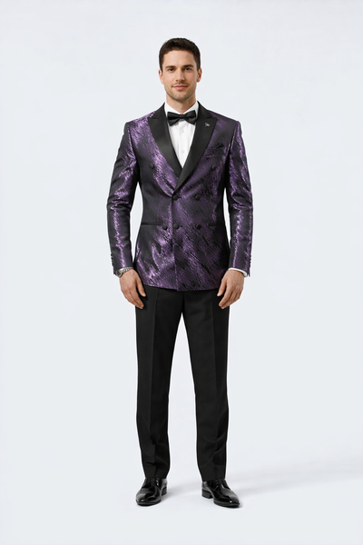 Men’s Designer Purple Jacquard Tuxedo Jacket with Black Satin Peak Lapel