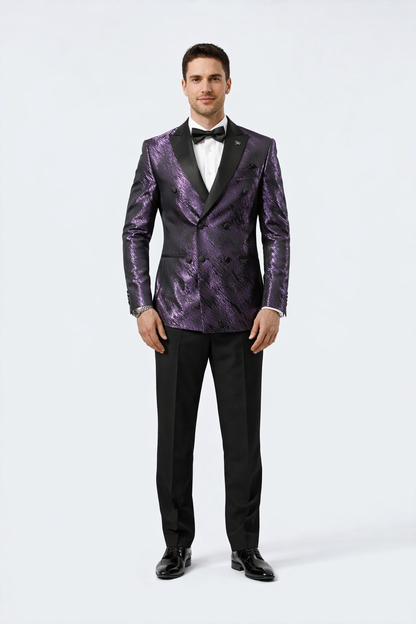 Men’s Designer Purple Jacquard Tuxedo Jacket with Black Satin Peak Lapel