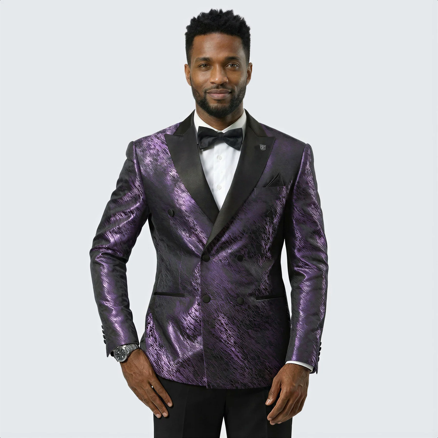 Men’s Designer Purple Jacquard Tuxedo Jacket with Black Satin Peak Lapel