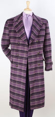 Mens Full Length Top Coat - Wide Fashion Lapel - Purple Windowpane